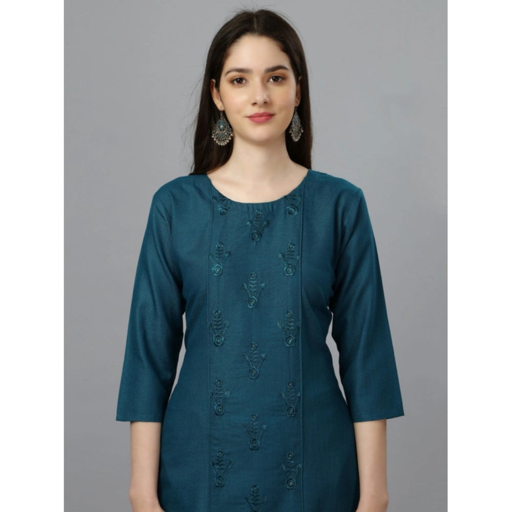 Generic Women's Casual 3-4 th Sleeve Embroidery Cotton Kurti (Blue ) - Noble Nook