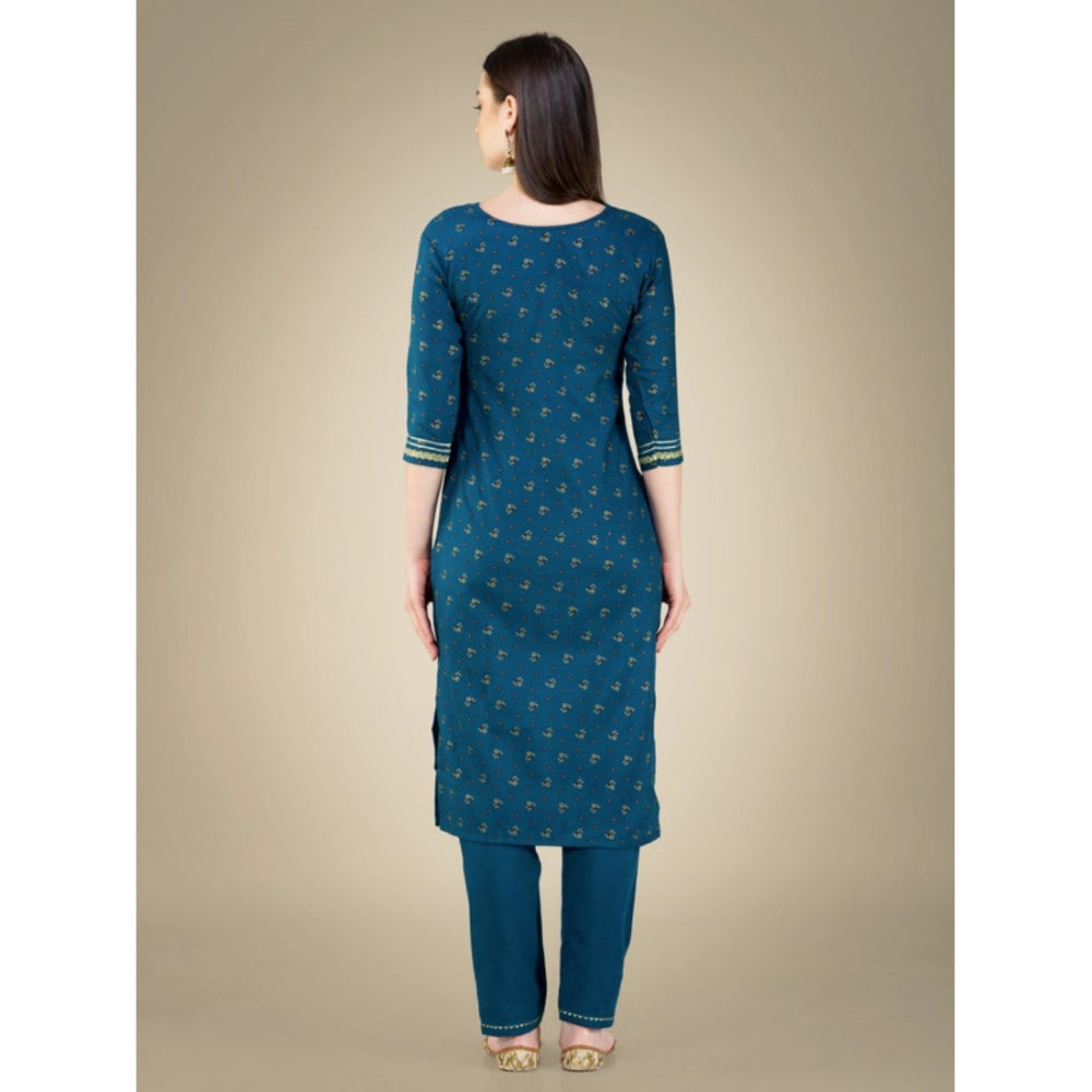 Generic Women's Casual 3-4 th Sleeve Embroidery Cotton Kurti Pant Dupatta Set (Blue ) - Noble Nook