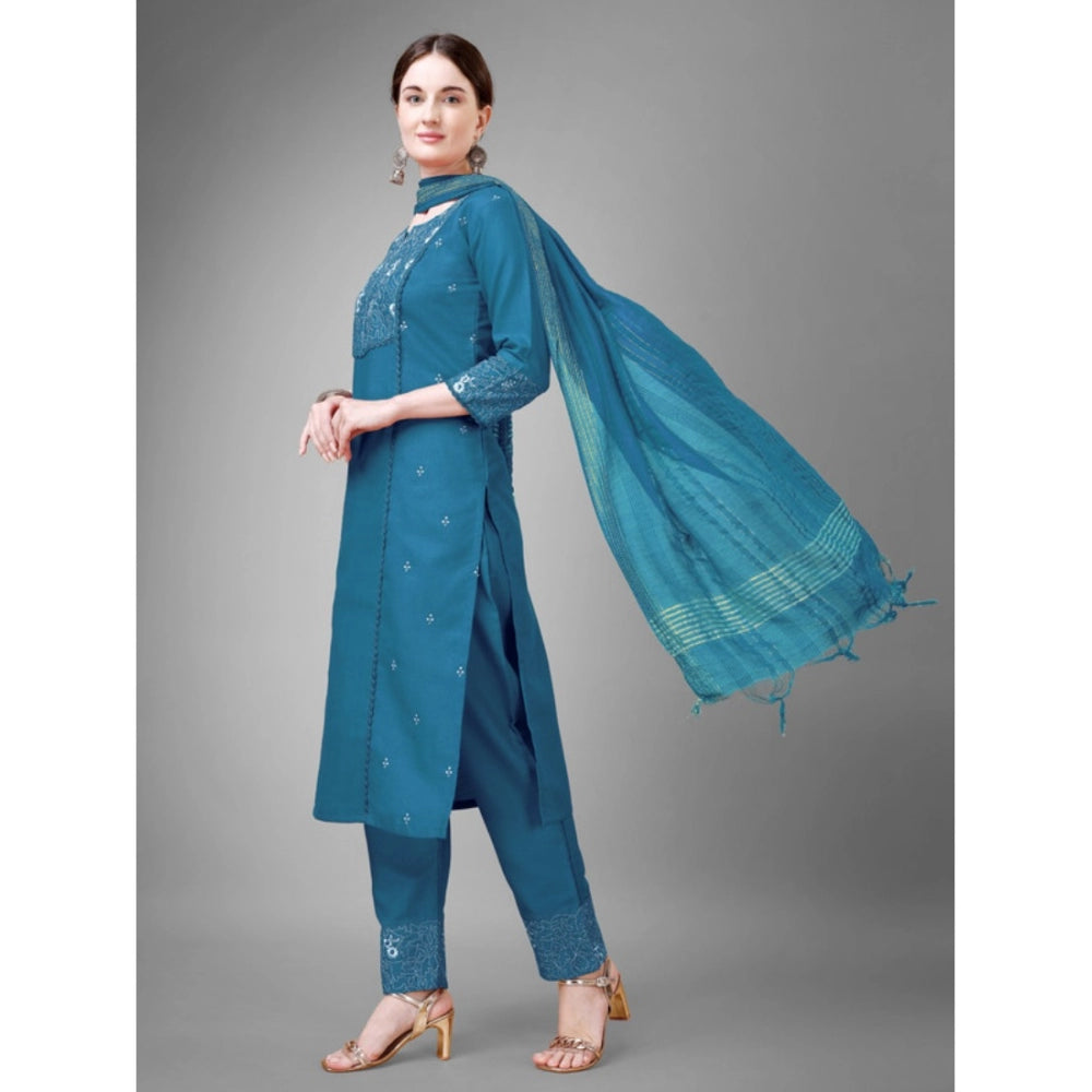 Generic Women's Casual 3-4 th Sleeve Embroidery Cotton Kurti Pant Dupatta Set (Blue ) - Noble Nook