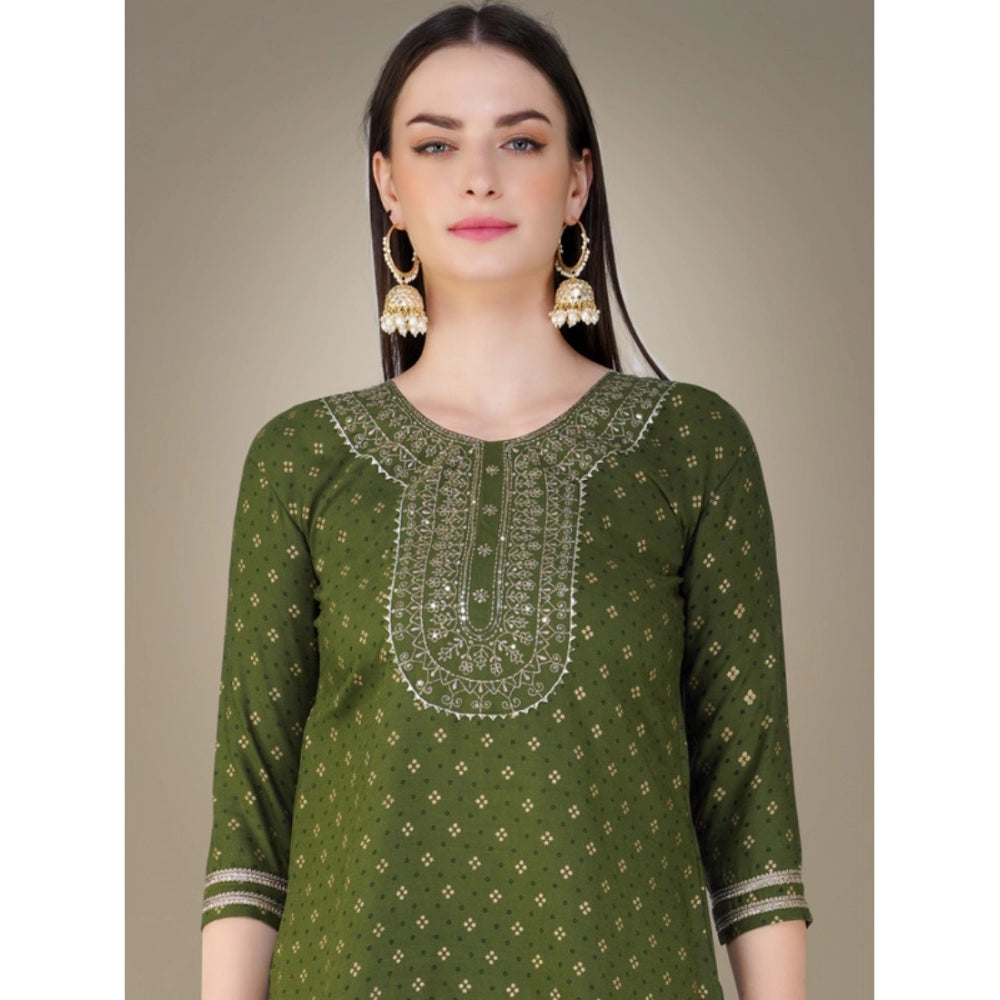 Generic Women's Casual 3-4 th Sleeve Embroidery Cotton Kurti Pant Dupatta Set (Green) - Noble Nook