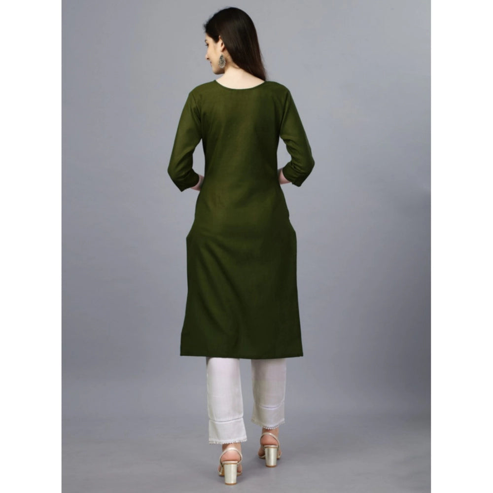 Generic Women's Casual 3-4 th Sleeve Embroidery Cotton Kurti (Dark Green) - Noble Nook