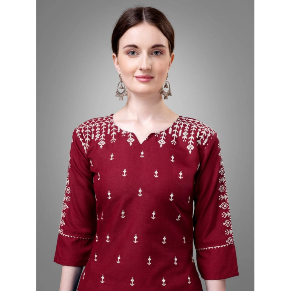 Generic Women's Casual 3-4 th Sleeve Embroidery Cotton Kurti Pant Dupatta Set (Maroon) - Noble Nook