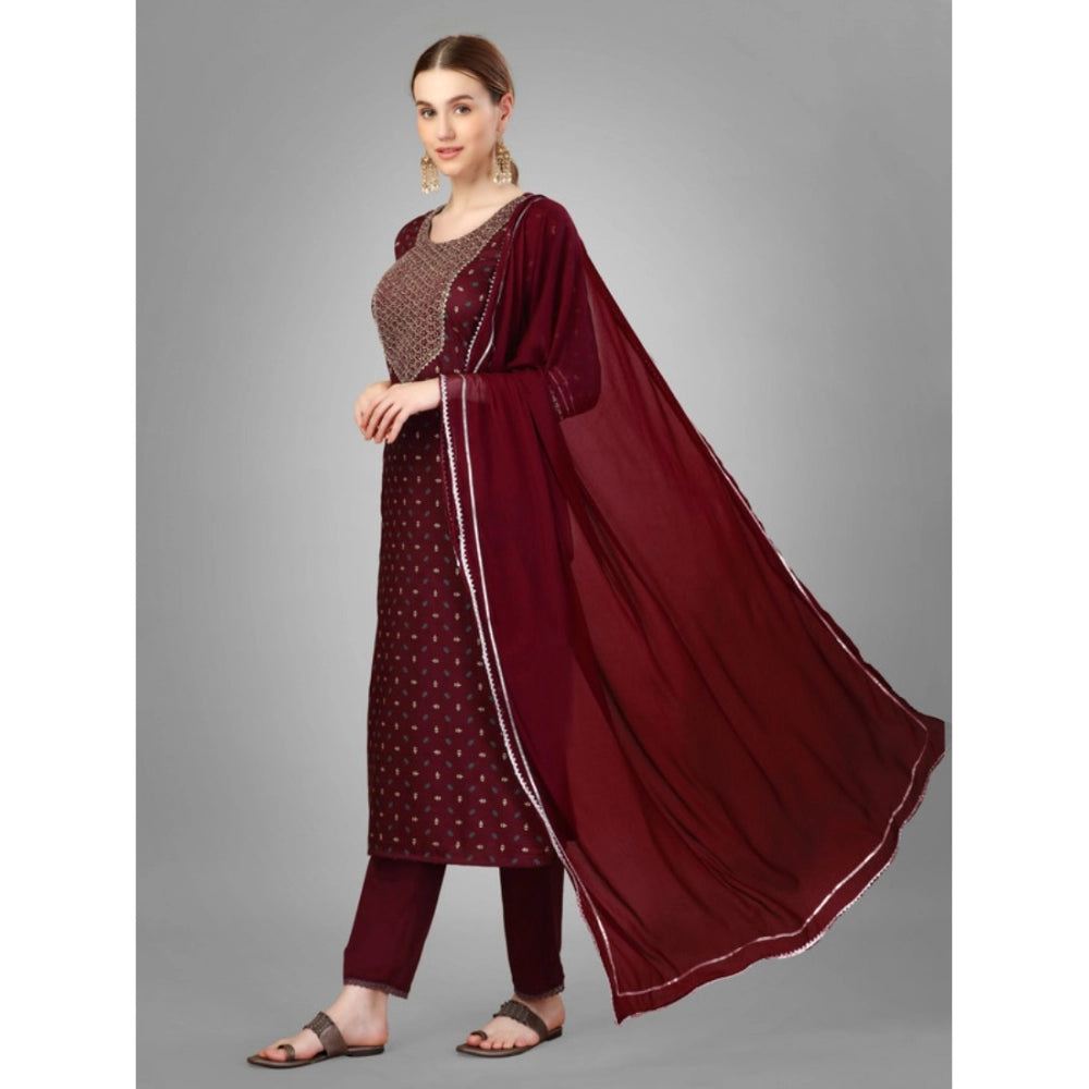 Generic Women's Casual 3-4 th Sleeve Embroidery Silk Blend Kurti Pant Dupatta Set (Maroon) - Noble Nook