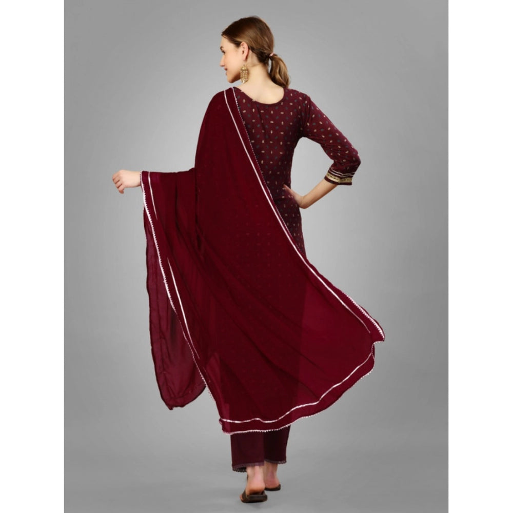 Generic Women's Casual 3-4 th Sleeve Embroidery Silk Blend Kurti Pant Dupatta Set (Maroon) - Noble Nook