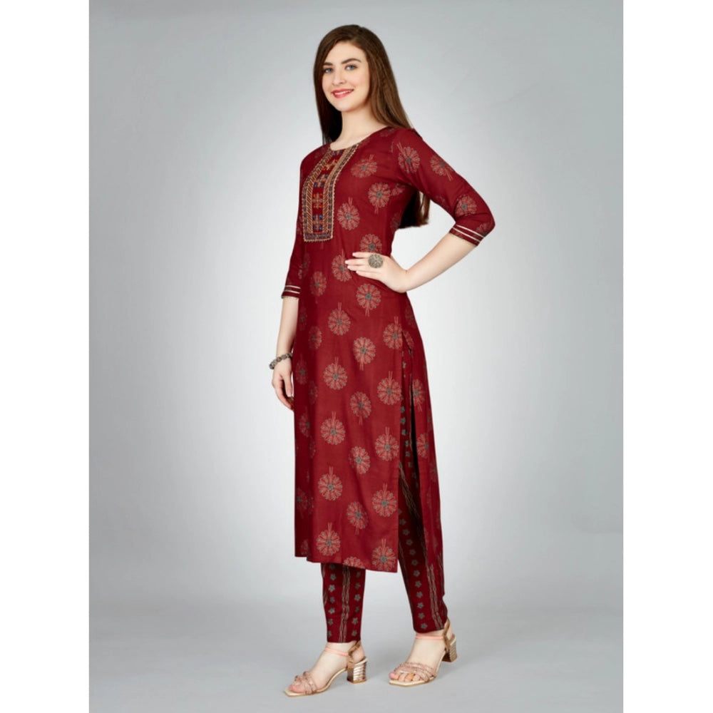 Generic Women's Casual 3-4 th Sleeve Embroidery Rayon Kurti Pant Set (Maroon) - Noble Nook