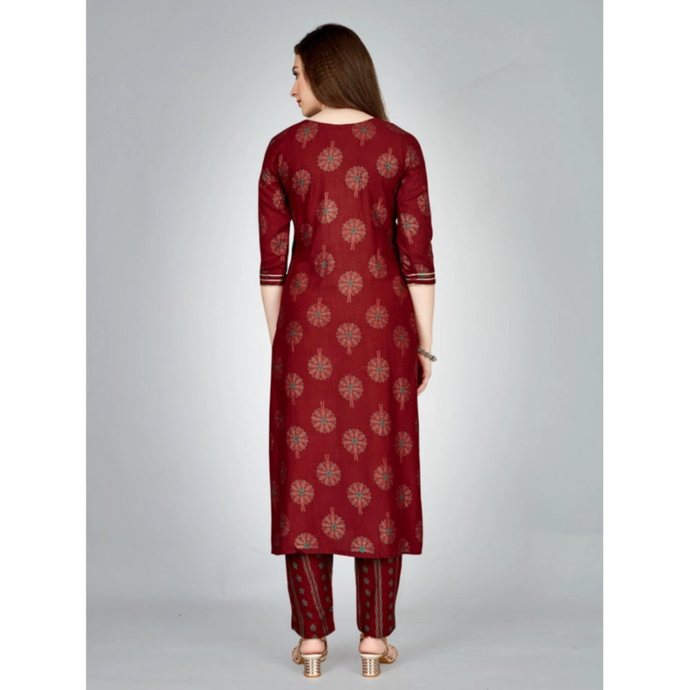 Generic Women's Casual 3-4 th Sleeve Embroidery Rayon Kurti Pant Set (Maroon) - Noble Nook