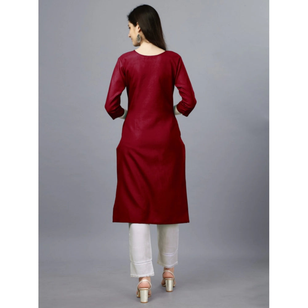 Generic Women's Casual 3-4 th Sleeve Embroidery Cotton Kurti (Maroon) - Noble Nook