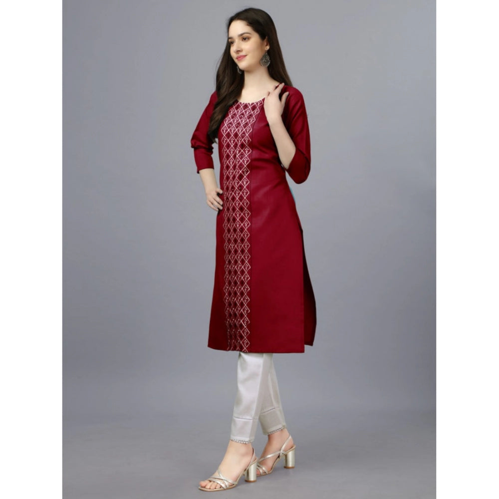 Generic Women's Casual 3-4 th Sleeve Embroidery Cotton Kurti (Maroon) - Noble Nook