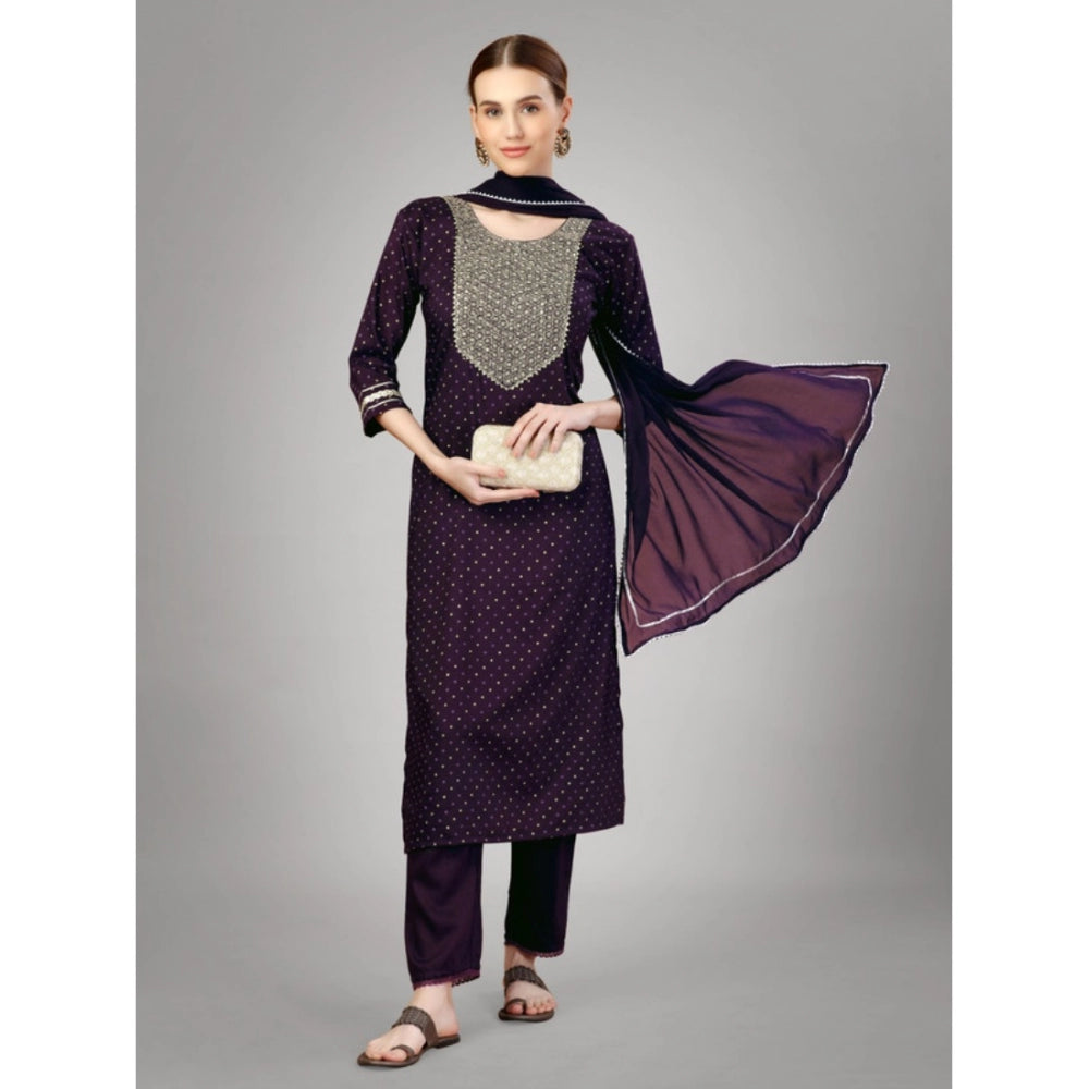 Generic Women's Casual 3-4 th Sleeve Embroidery Silk Blend Kurti Pant Dupatta Set (Purple) - Noble Nook