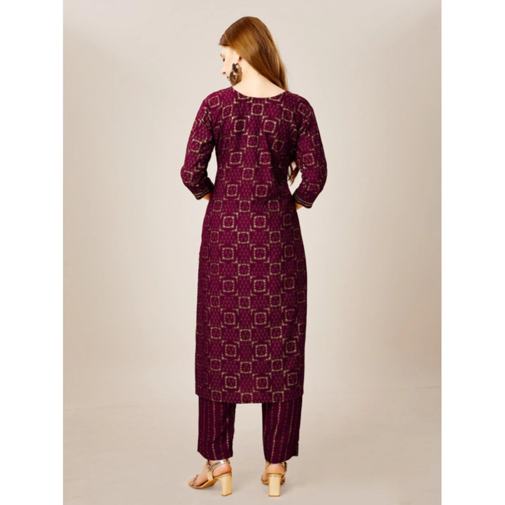 Generic Women's Casual 3-4 th Sleeve Embroidery Rayon Kurti Pant Set (Purple) - Noble Nook