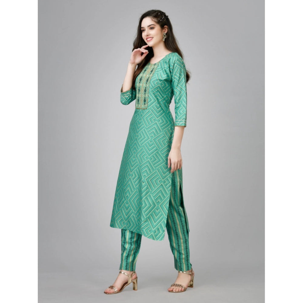 Generic Women's Casual 3-4 th Sleeve Embroidery Rayon Kurti Pant Set (Green) - Noble Nook