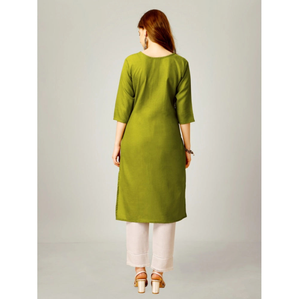 Generic Women's Casual 3-4 th Sleeve Embroidery Cotton Kurti Pant Set (Green) - Noble Nook