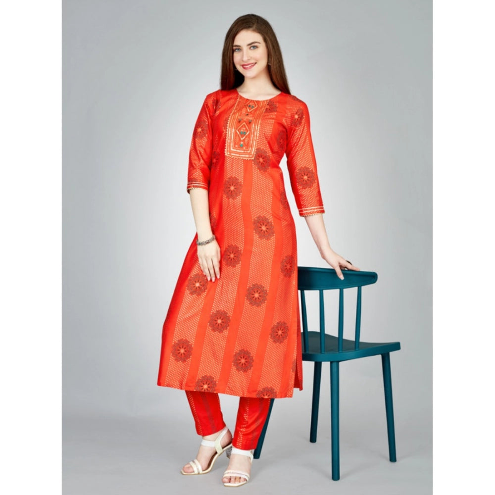 Generic Women's Casual 3-4 th Sleeve Embroidery Rayon Kurti Pant Set (Orange) - Noble Nook