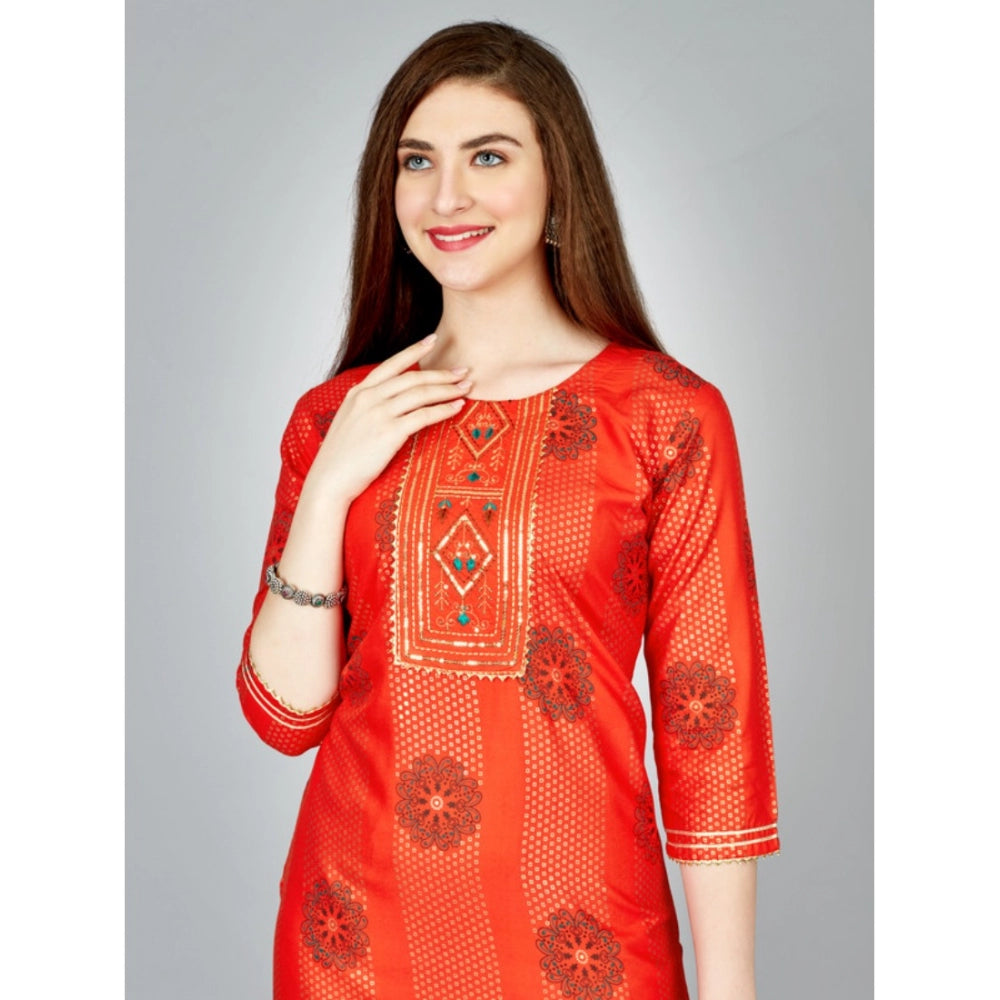 Generic Women's Casual 3-4 th Sleeve Embroidery Rayon Kurti Pant Set (Orange) - Noble Nook