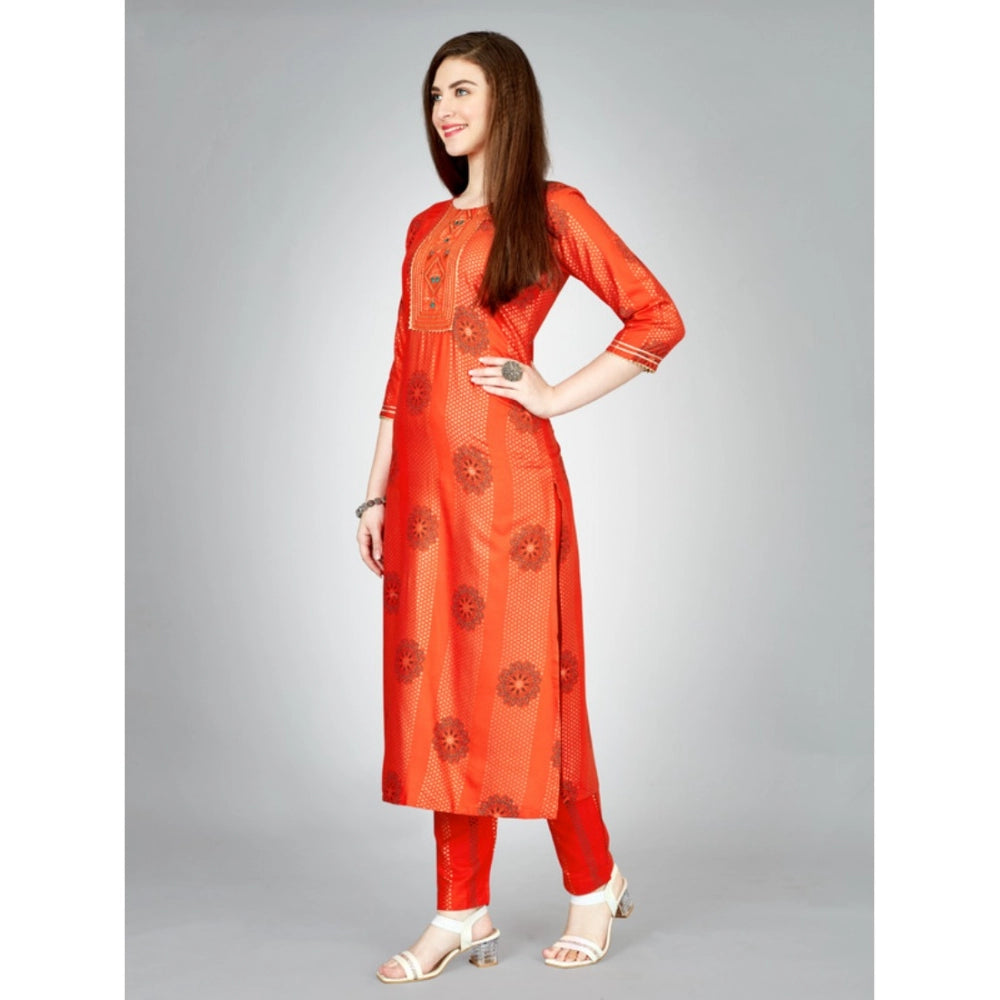 Generic Women's Casual 3-4 th Sleeve Embroidery Rayon Kurti Pant Set (Orange) - Noble Nook