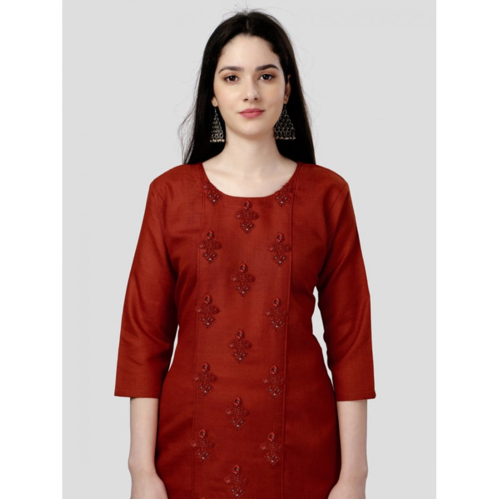 Generic Women's Casual 3-4 th Sleeve Embroidery Cotton Kurti (Rust) - Noble Nook