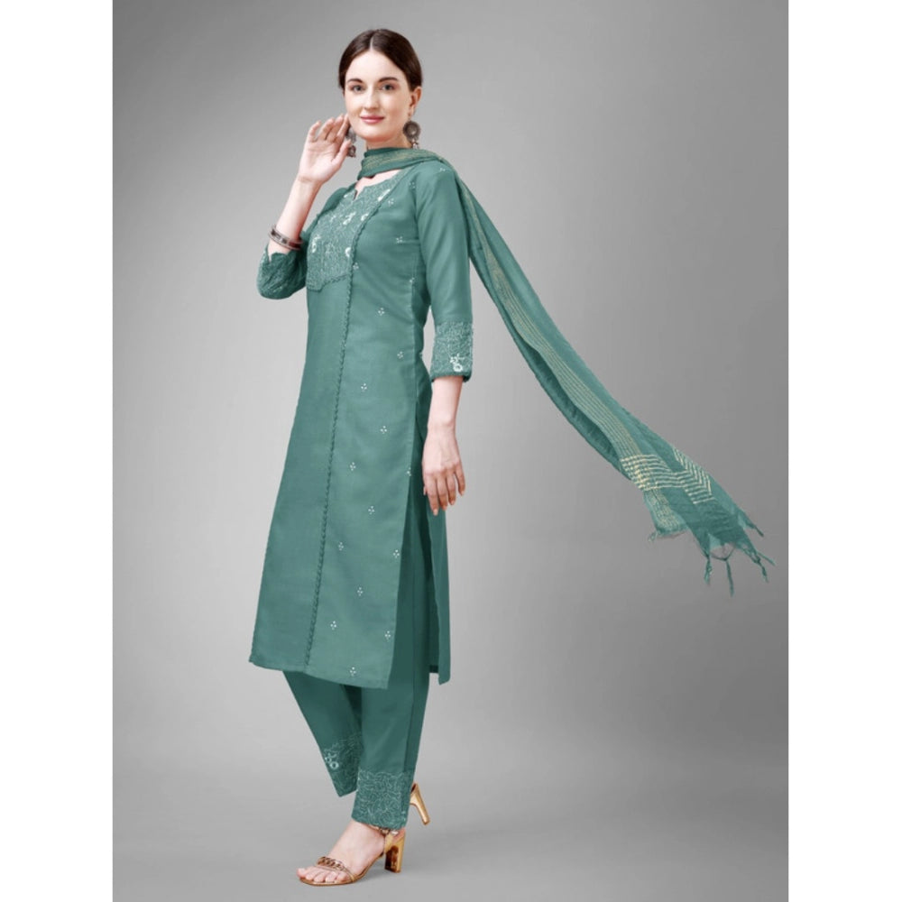 Generic Women's Casual 3-4 th Sleeve Embroidery Cotton Kurti Pant Dupatta Set (Teal) - Noble Nook