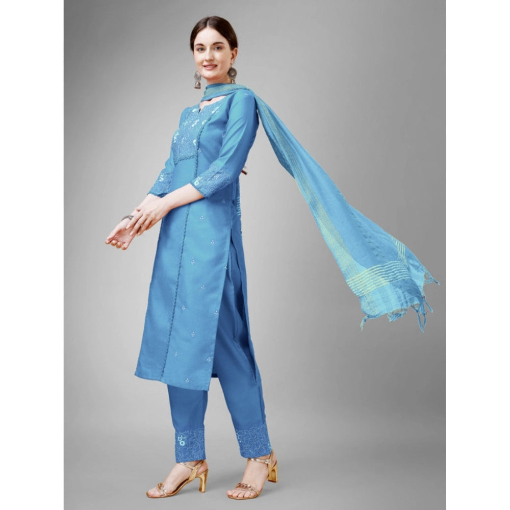 Generic Women's Casual 3-4 th Sleeve Embroidery Cotton Kurti Pant Dupatta Set (Sky Blue) - Noble Nook