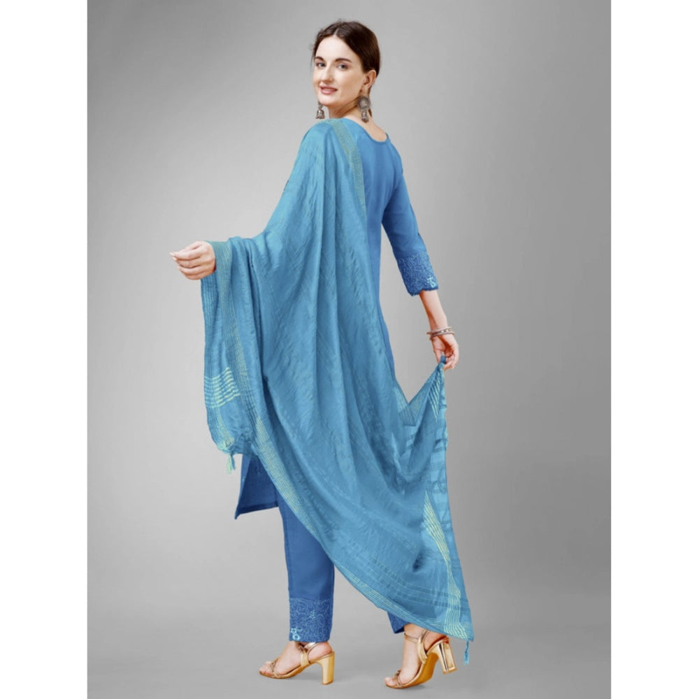 Generic Women's Casual 3-4 th Sleeve Embroidery Cotton Kurti Pant Dupatta Set (Sky Blue) - Noble Nook