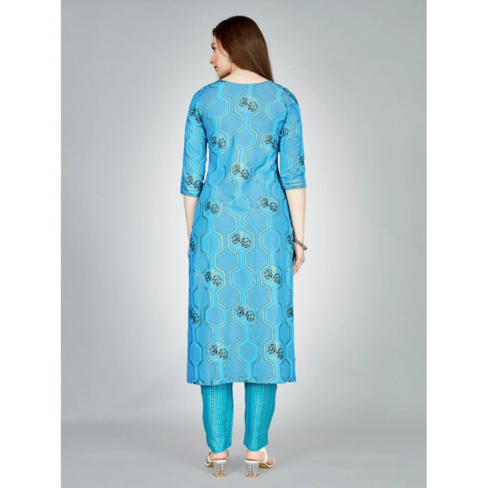 Generic Women's Casual 3-4 th Sleeve Embroidery Rayon Kurti Pant Set (Light Blue) - Noble Nook