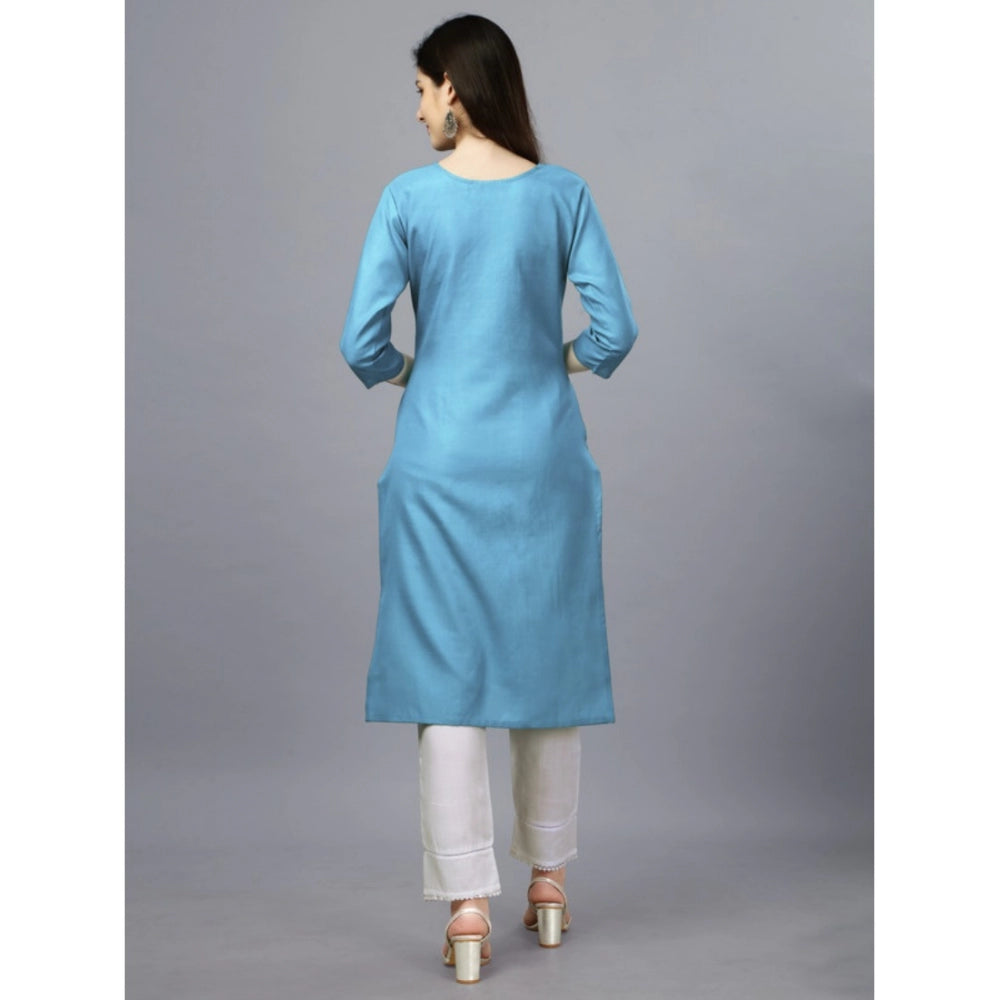 Generic Women's Casual 3-4 th Sleeve Embroidery Cotton Kurti (Light Blue) - Noble Nook