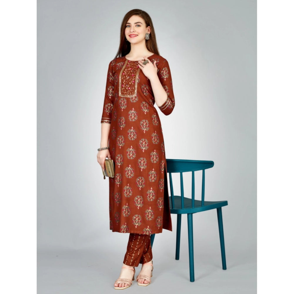 Generic Women's Casual 3-4 th Sleeve Embroidery Rayon Kurti Pant Set (Brown) - Noble Nook