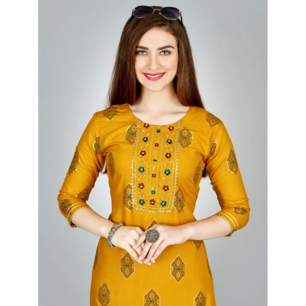 Generic Women's Casual 3-4 th Sleeve Embroidery Rayon Kurti Pant Set (Yellow) - Noble Nook