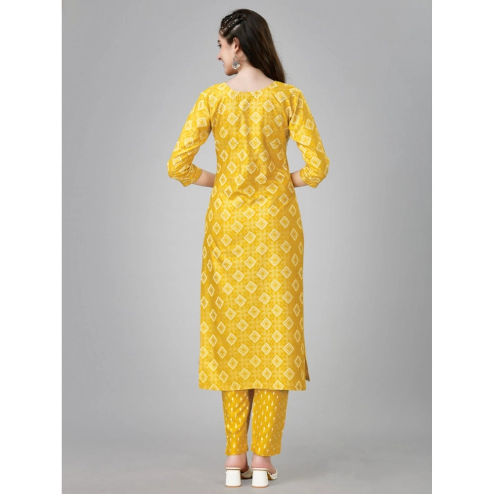 Generic Women's Casual 3-4 th Sleeve Embroidery Rayon Kurti Pant Set (Yellow) - Noble Nook