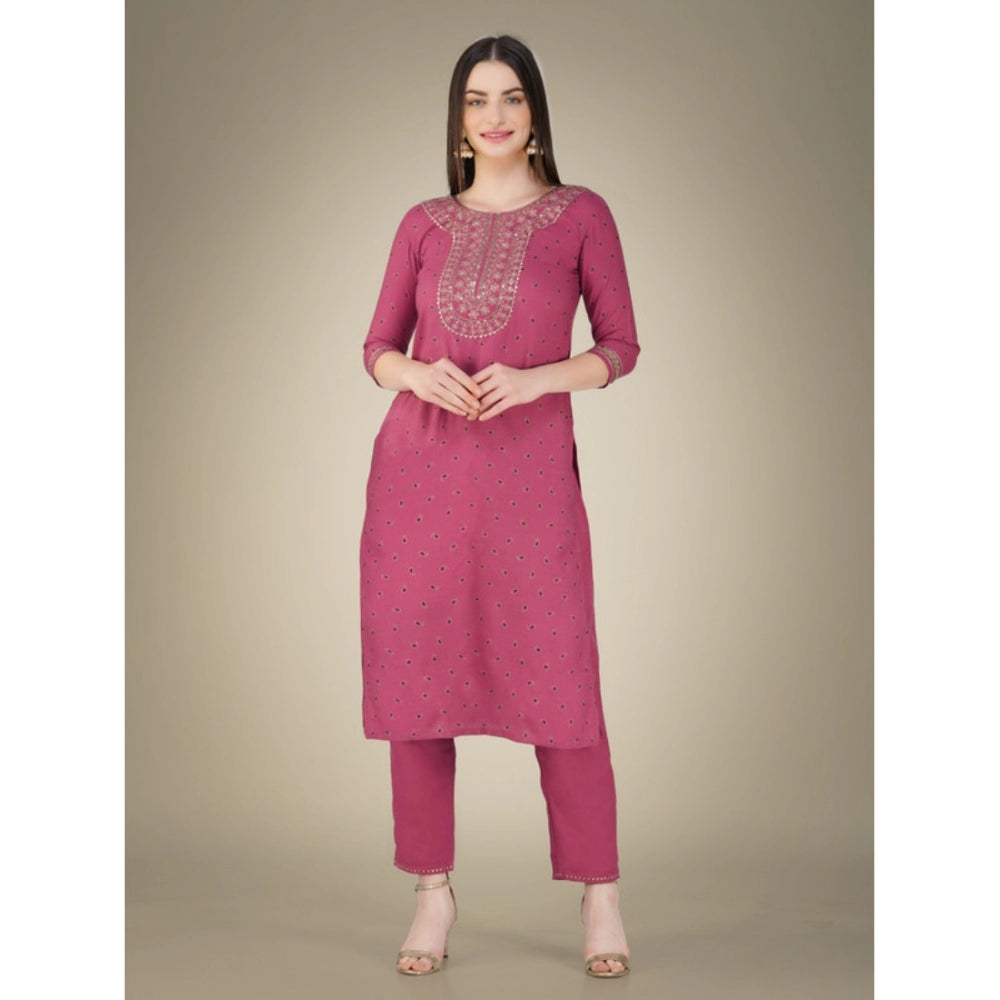 Generic Women's Casual 3-4 th Sleeve Embroidery Cotton Kurti Pant Dupatta Set (Wine) - Noble Nook