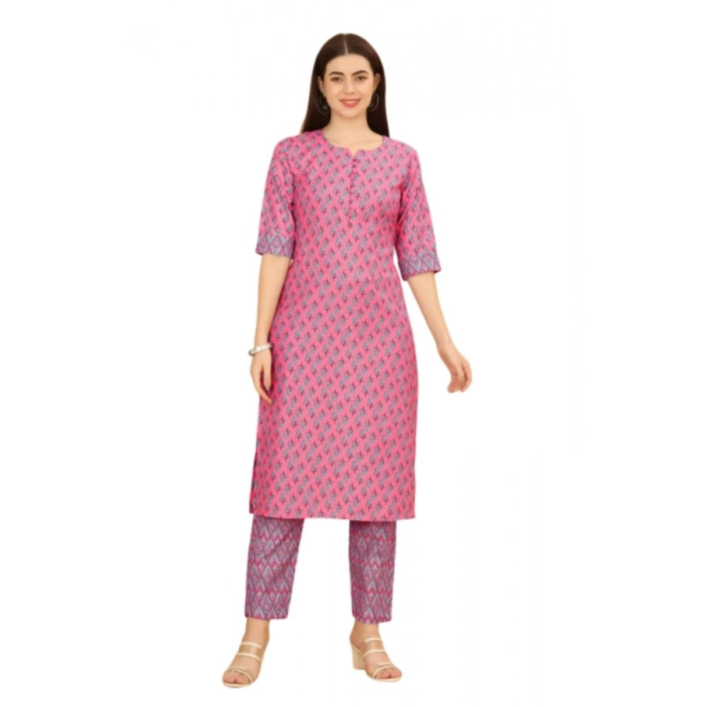 Generic Women's Casual 3-4 th Sleeve Printed Cotton Kurti Pant Set (Pink) - Noble Nook