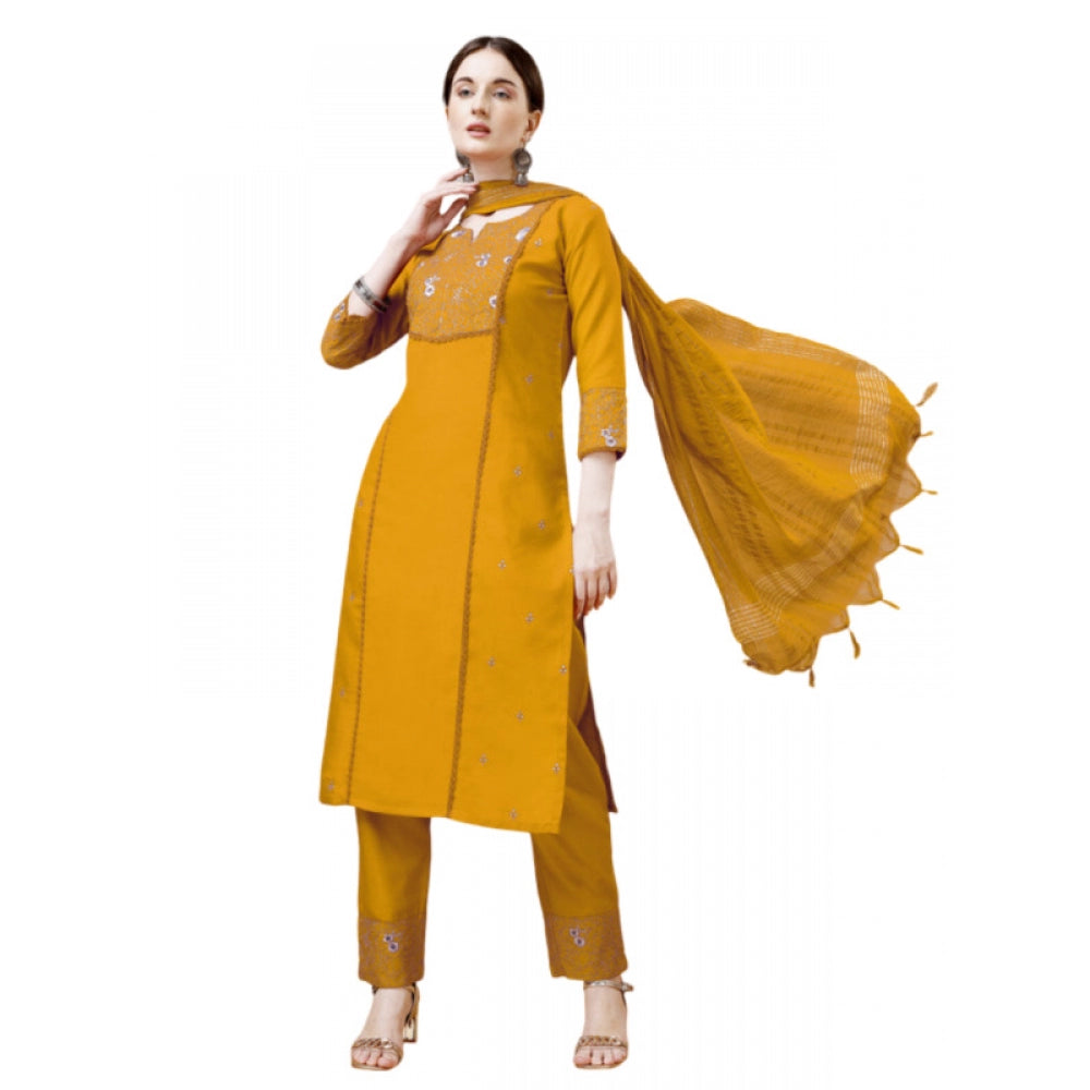 Generic Women's Casual 3-4 th Sleeve Embroidery Cotton Kurti Pant Dupatta Set (Yellow) - Noble Nook