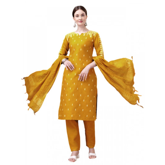 Generic Women's Casual 3-4 th Sleeve Embroidery Cotton Kurti Pant Dupatta Set (Yellow) - Noble Nook