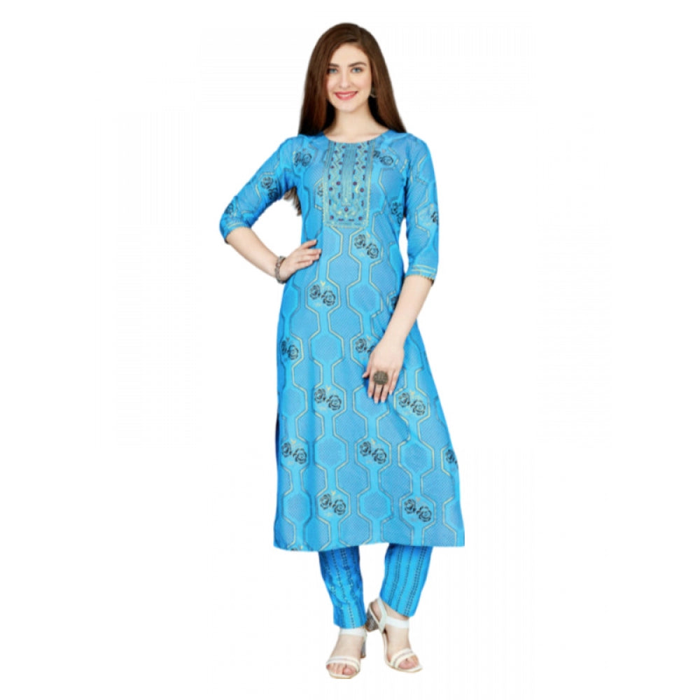 Generic Women's Casual 3-4 th Sleeve Embroidery Rayon Kurti Pant Set (Light Blue) - Noble Nook