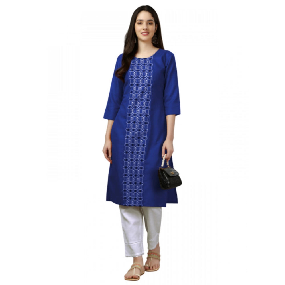 Generic Women's Casual 3-4 th Sleeve Embroidery Cotton Kurti (Blue) - Noble Nook