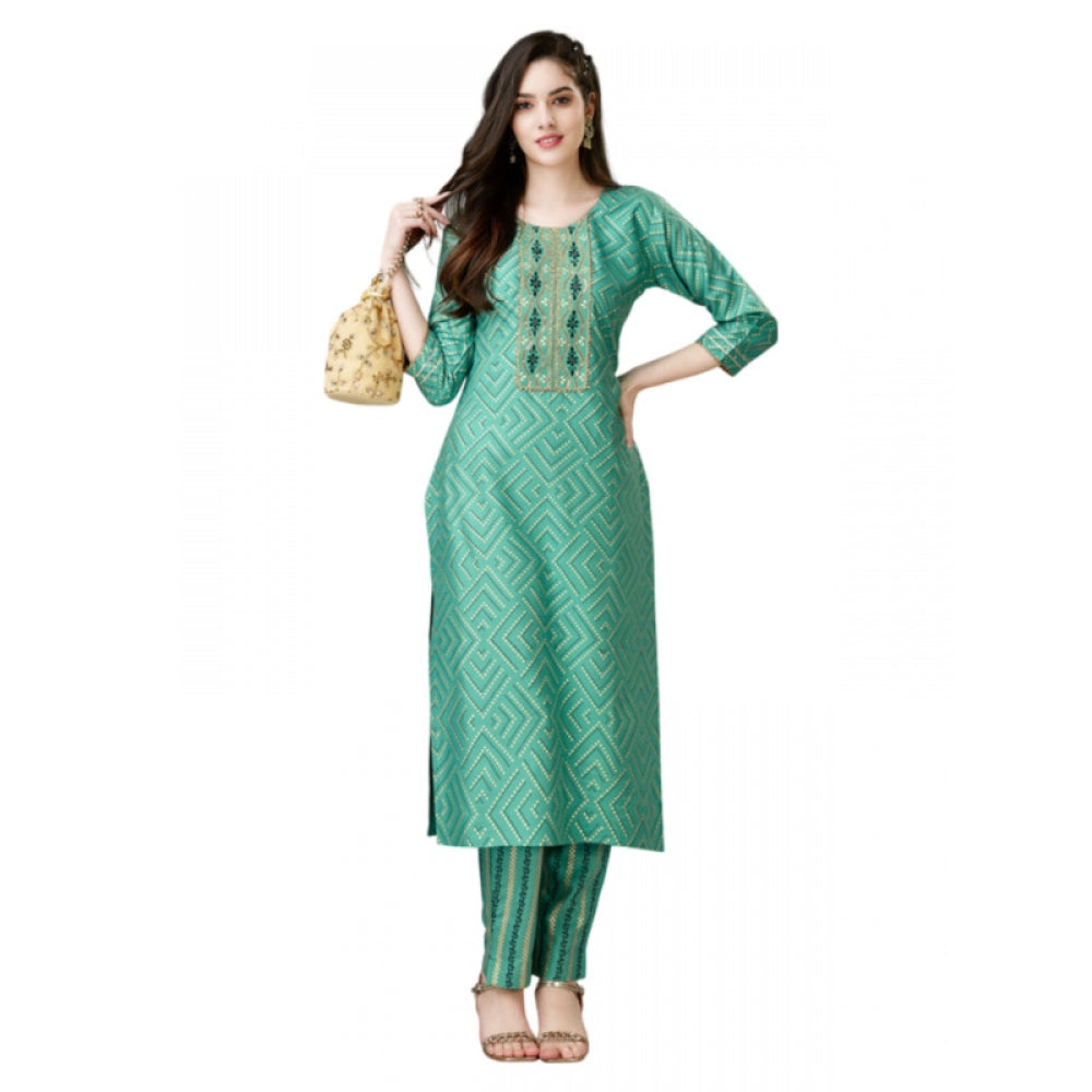 Generic Women's Casual 3-4 th Sleeve Embroidery Rayon Kurti Pant Set (Green) - Noble Nook