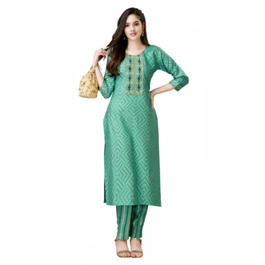 Generic Women's Casual 3-4 th Sleeve Embroidery Rayon Kurti Pant Set (Green) - Noble Nook