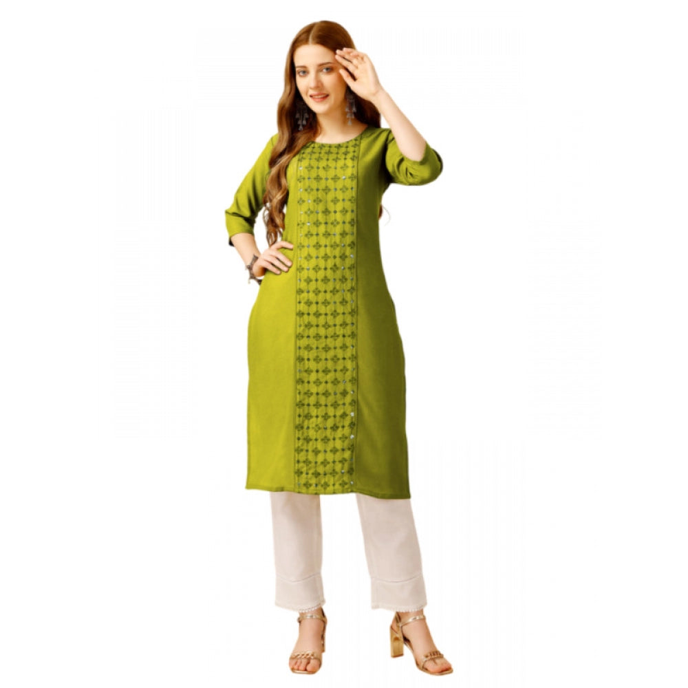 Generic Women's Casual 3-4 th Sleeve Embroidery Cotton Kurti Pant Set (Green) - Noble Nook