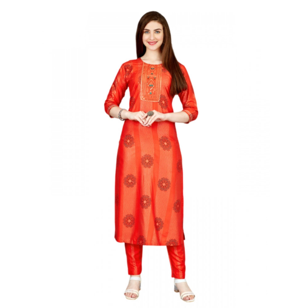 Generic Women's Casual 3-4 th Sleeve Embroidery Rayon Kurti Pant Set (Orange) - Noble Nook