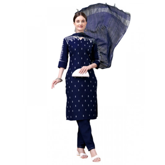 Generic Women's Casual 3-4 th Sleeve Embroidery Cotton Kurti Pant Dupatta Set (Dark Blue) - Noble Nook