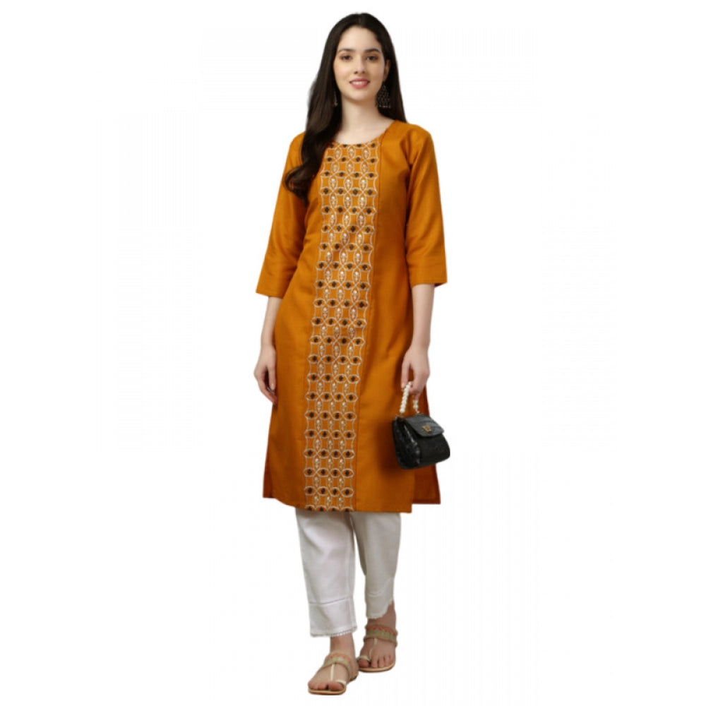 Generic Women's Casual 3-4 th Sleeve Embroidery Cotton Kurti (Mustard) - Noble Nook