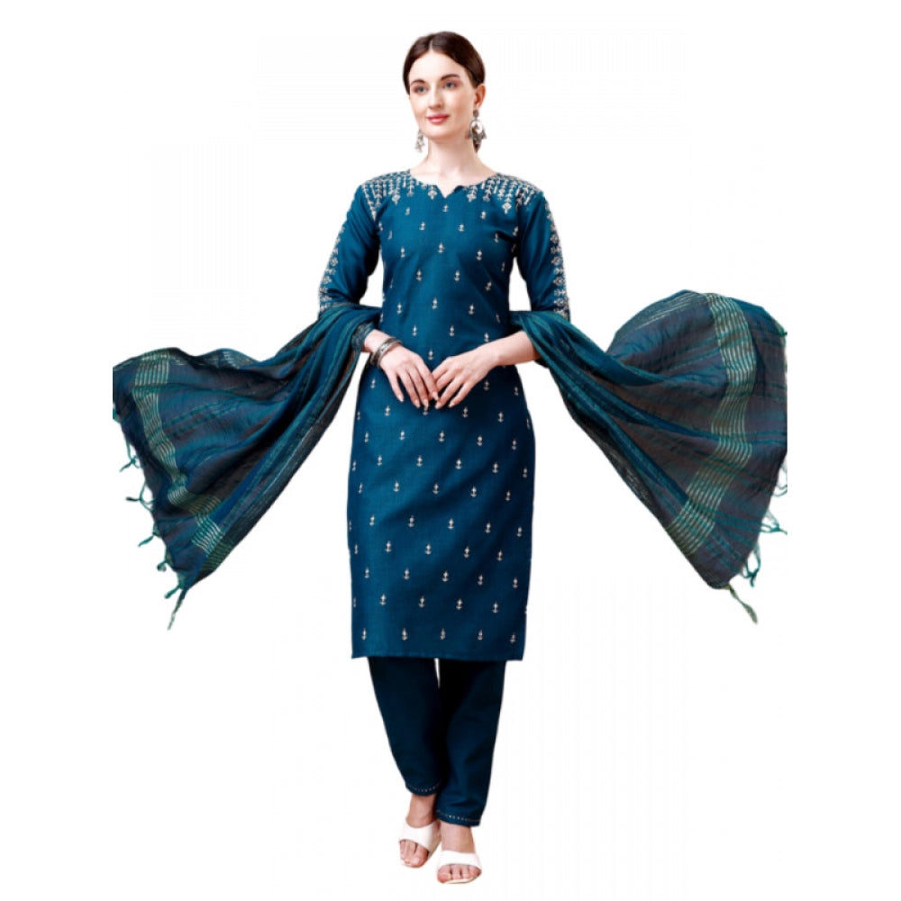 Generic Women's Casual 3-4 th Sleeve Embroidery Cotton Kurti Pant Dupatta Set (Blue ) - Noble Nook