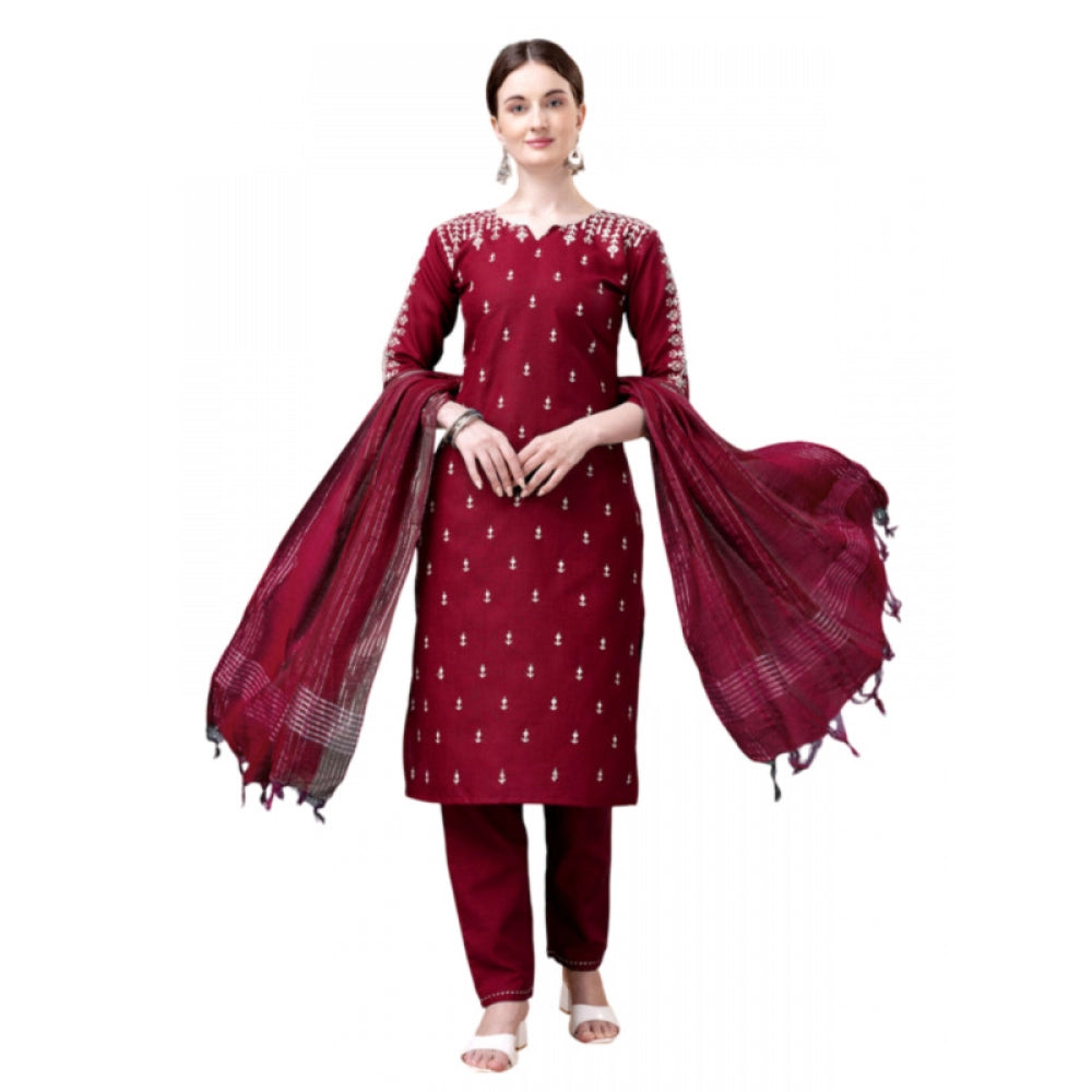 Generic Women's Casual 3-4 th Sleeve Embroidery Cotton Kurti Pant Dupatta Set (Maroon) - Noble Nook