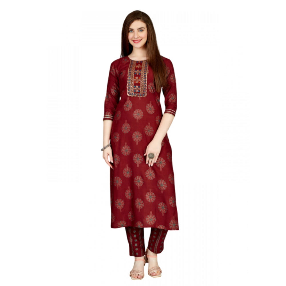 Generic Women's Casual 3-4 th Sleeve Embroidery Rayon Kurti Pant Set (Maroon) - Noble Nook