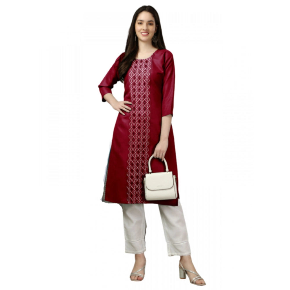 Generic Women's Casual 3-4 th Sleeve Embroidery Cotton Kurti (Maroon) - Noble Nook