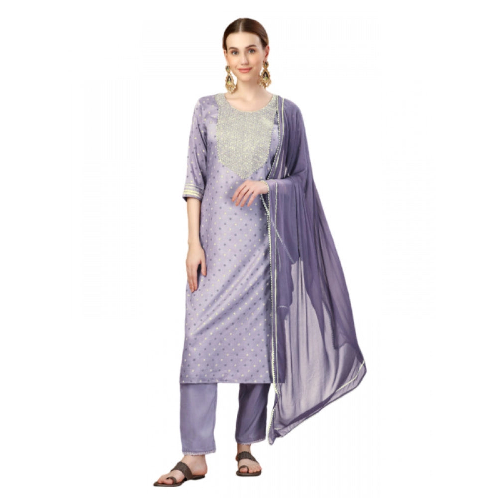 Generic Women's Casual 3-4 th Sleeve Embroidery Silk Blend Kurti Pant Dupatta Set (Lavender) - Noble Nook