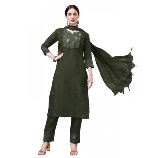 Generic Women's Casual 3-4 th Sleeve Embroidery Cotton Kurti Pant Dupatta Set (Dark Green) - Noble Nook