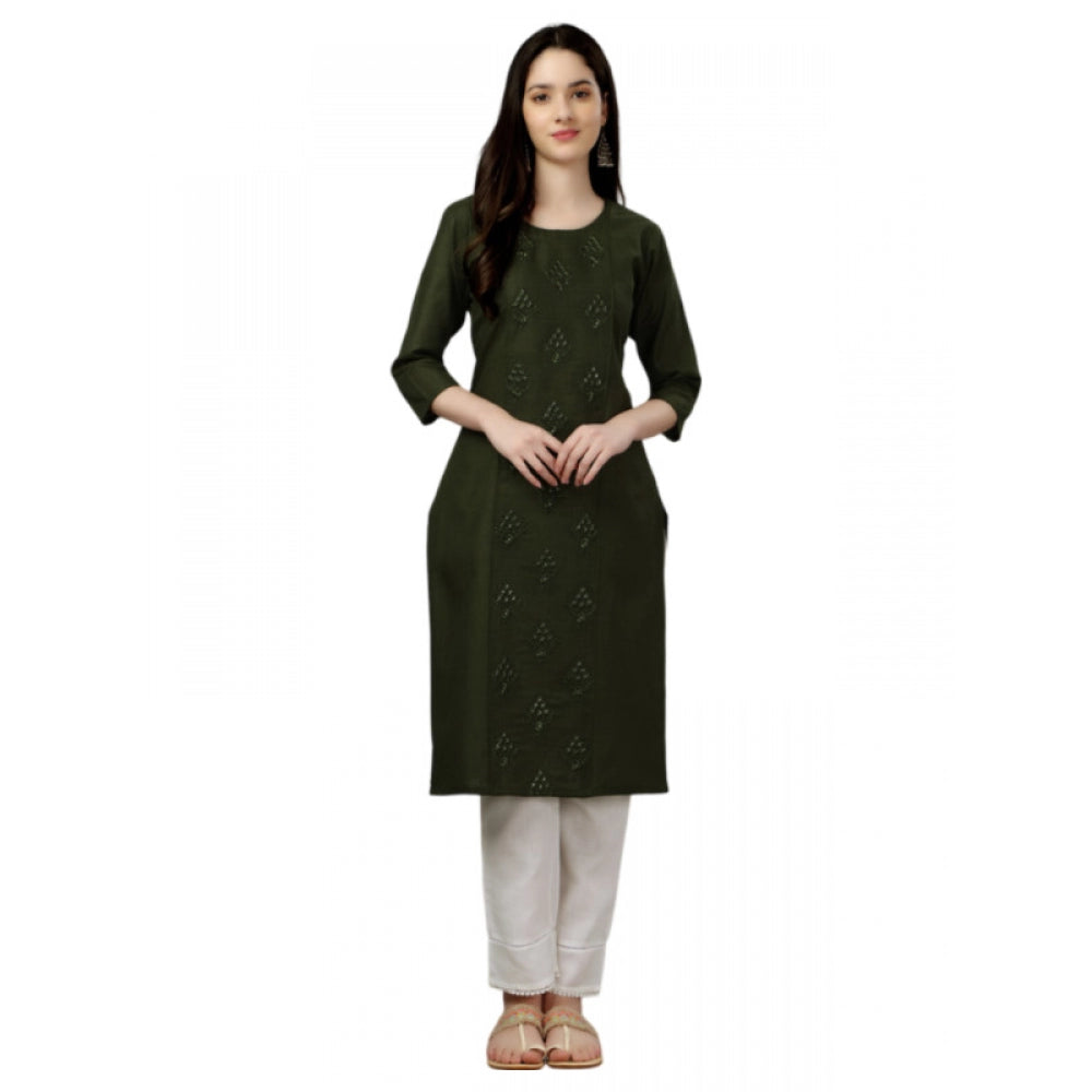 Generic Women's Casual 3-4 th Sleeve Embroidery Cotton Kurti (Dark Green) - Noble Nook