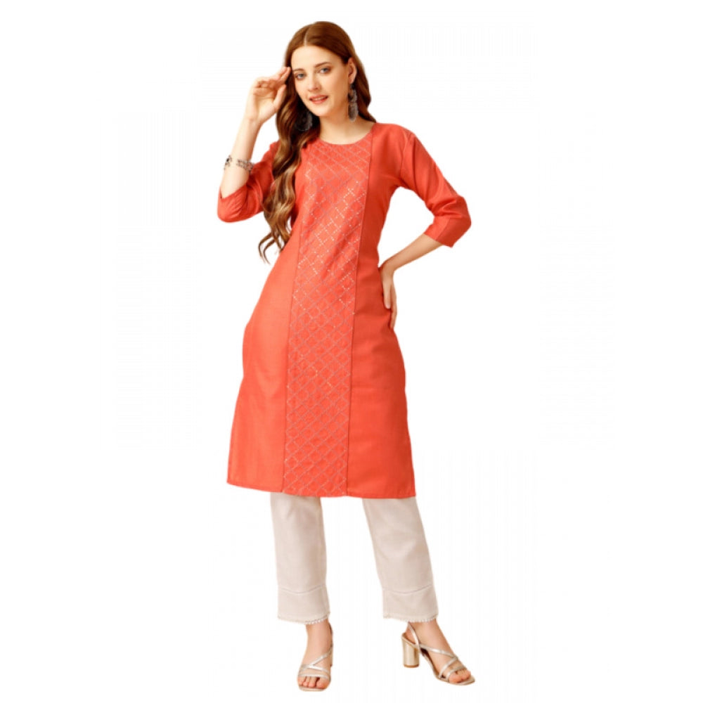 Generic Women's Casual 3-4 th Sleeve Embroidery Cotton Kurti Pant Set (Orange) - Noble Nook