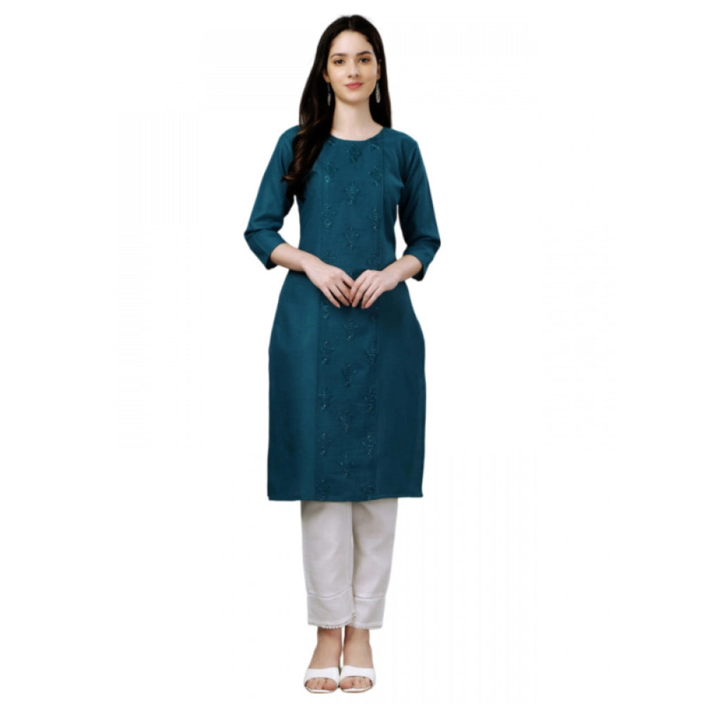 Generic Women's Casual 3-4 th Sleeve Embroidery Cotton Kurti (Blue ) - Noble Nook