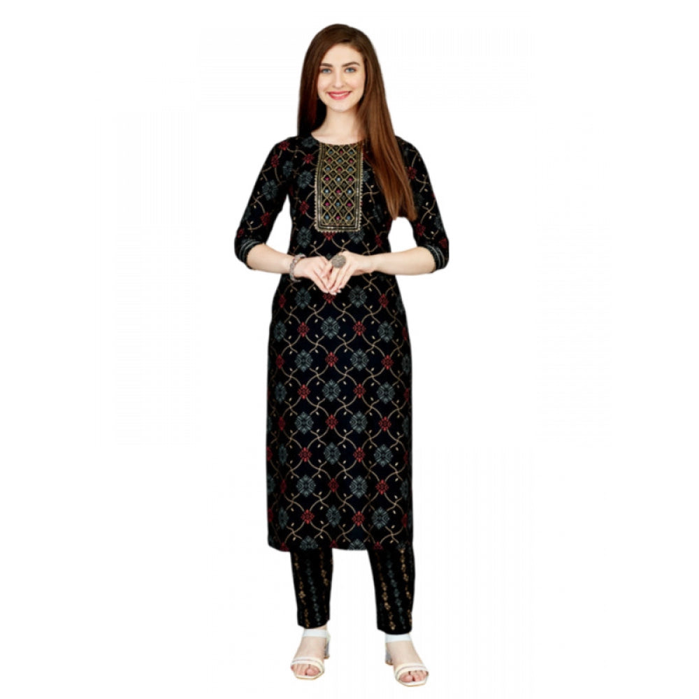 Generic Women's Casual 3-4 th Sleeve Embroidery Rayon Kurti Pant Set (Black) - Noble Nook